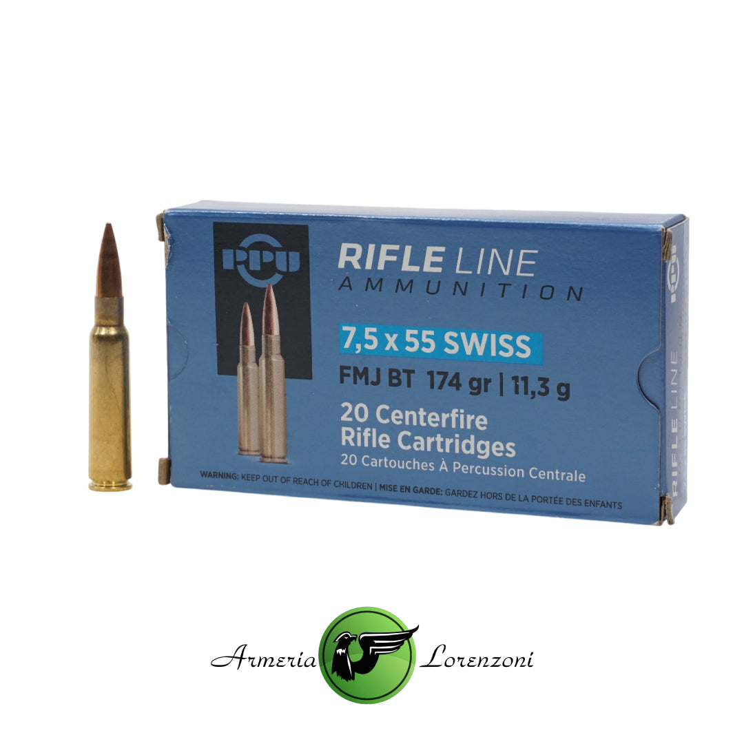 PPU RIFLE LINE AMMUNITION 7.5X55 SWISS FMJ BT 174 GR.